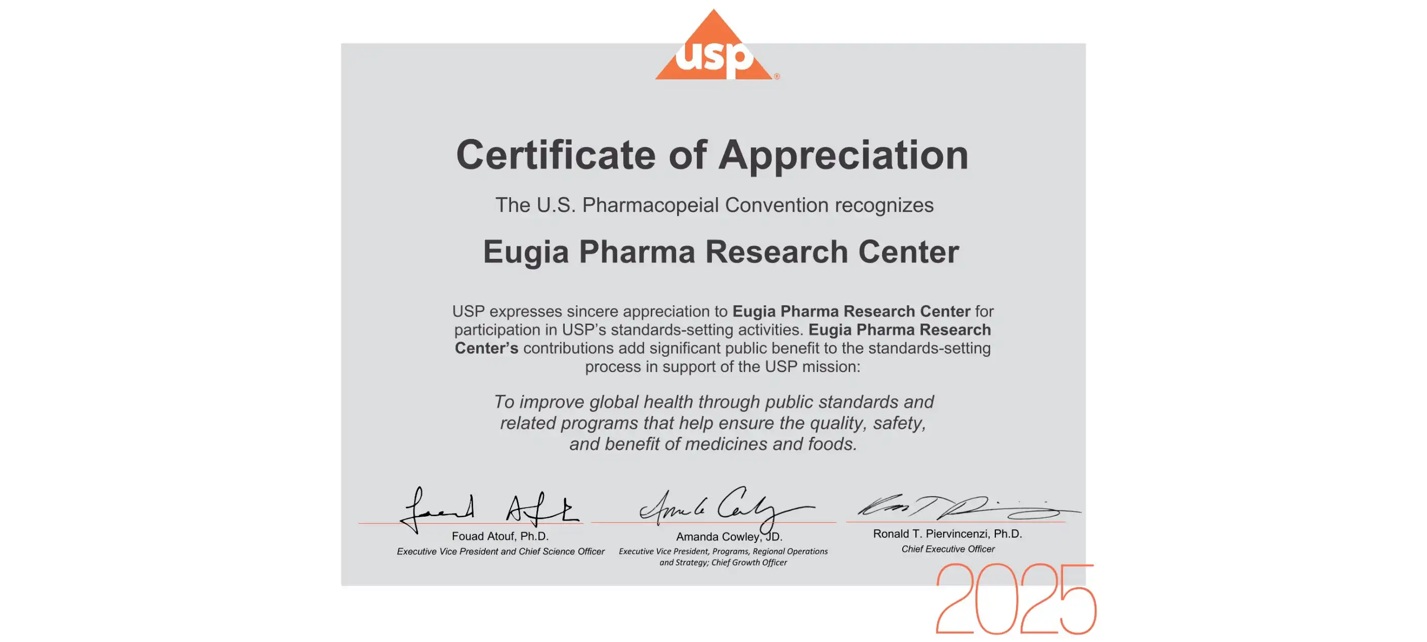 US Pharmacopeia Recognizes Eugia Pharma Research Center for Monograph Contributions